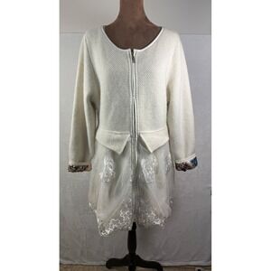Nigel‎ Tribune Ivory Waffle Knit Floral Lace Trim Zip Up Longline Sweater Coat L